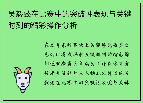 吴毅臻在比赛中的突破性表现与关键时刻的精彩操作分析