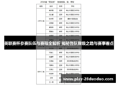 英联赛杯参赛队伍与赛程全解析 揭秘各队晋级之路与赛事看点